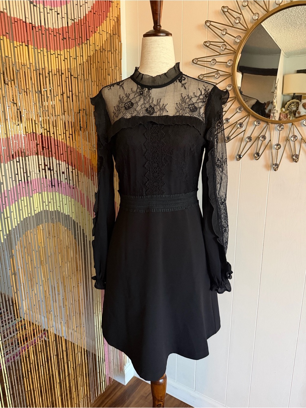 Aqua Black Lace Yoke Long Sleeve Dress